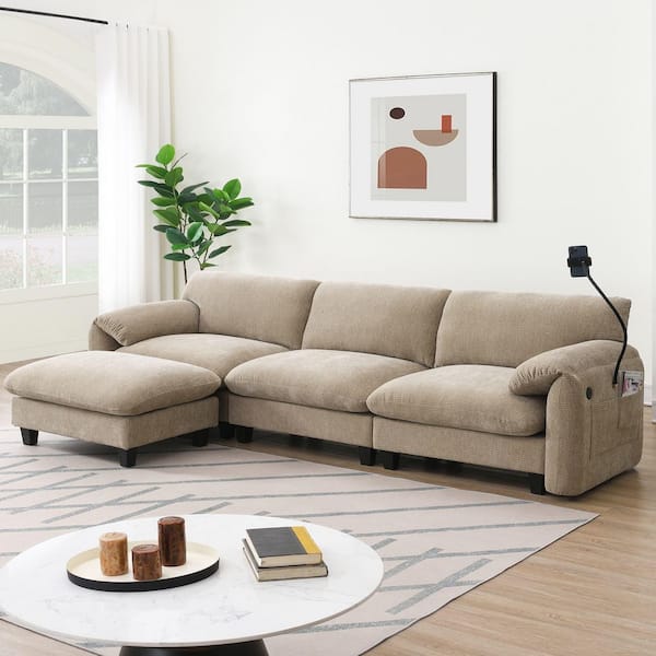 Modern 108 in. Pillow Top Arm 4-piece L-Shaped Chenille Sectional Sofa in. Khaki with Ottoman and Charging Station