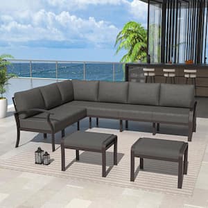 8-Seat Black Aluminum Outdoor Patio Conversation Sectional Setwith Armrest, Ottoman and Cushion Black