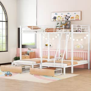 White Full over Twin and Twin Bunk Bed/Metal Triple Bunk Bed with Drawer, Ladder and Guardrail, Converted into 3 Beds