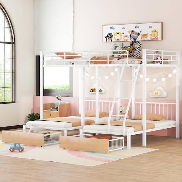 ANBAZAR White Full over Twin and Twin Bunk Bed/Metal Triple Bunk Bed with Drawer, Ladder and Guardrail, Converted into 3 Beds