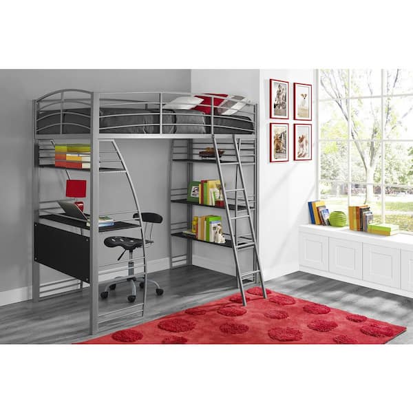 Dhp Simona Silver Finish Twin Loft Bed, Twin Loft Bed With Desk And Shelves
