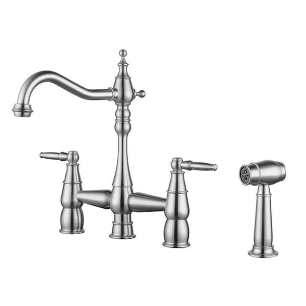 4 Hole Double Handle Bridge Kitchen Faucet with Side Sprayer Deck Mount in Brushed Nickel