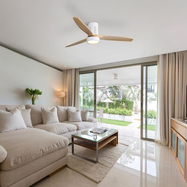 52 in. LED Indoor/Outdoor White Flush Mount Ceiling Fan with Reversible Motor, 6-Speed DC Remote Control