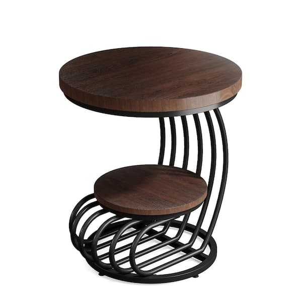 BYBLIGHT 19.68 in. Width Brown Wood and Metal C-Shape End Table, 2 Tiers Round Side Table for Living Room Bedroom