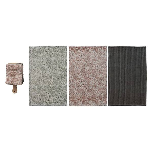 Multicolor & Natural Cotton Stonewashed Patterned Tea Towels and Mango Wood Cheese/Serving Board with Handle (Set of 4)