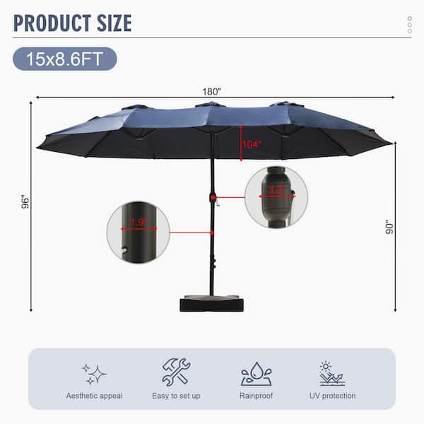 15 ft. Market Patio Umbrella with Crank, UPF50+ Polyester Canopy and Weighted Base in Navy Blue