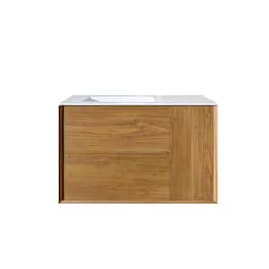 Prancer 36 in. Solid Wood Bathroom Vanity in Oak with White Solid Surface Top with White Sink