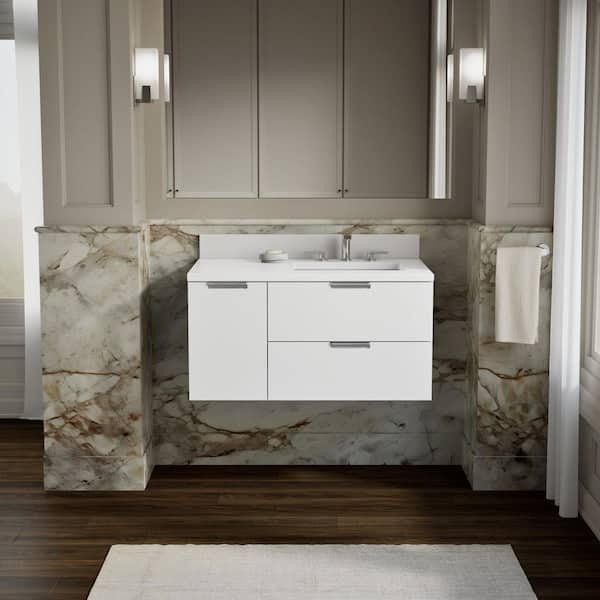 Maxstow 36 in. Single SinkWall-Hung Bathroom Vanity Cabinet with Sink and Quartz Top in White