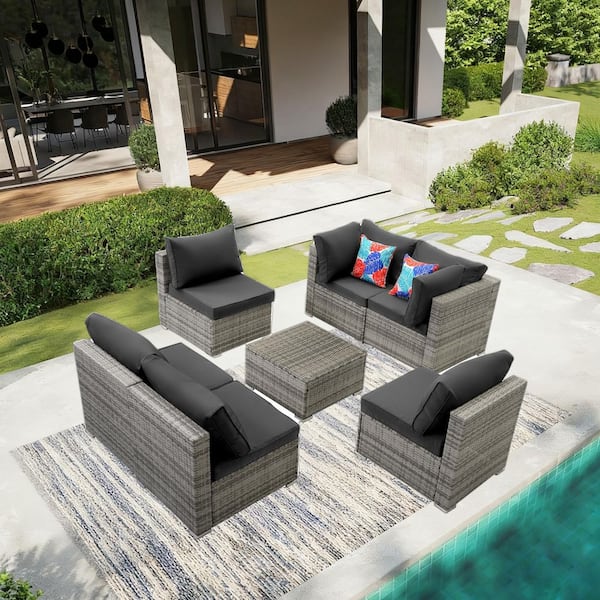 JUSKYS All Weather 7-Piece Gray PE Wicker Patio Conversation Set with Smoke Gray Cushions