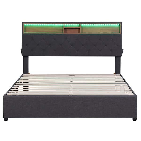Nestfair Dark Gray Linen Wood Frame Queen Size Platform Bed with Storage Headboard and USB Charging