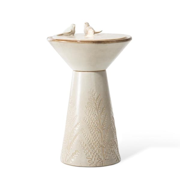 Glitzhome 27.5 in. H Beige 2 Birds Embossed Plant Pattern Pedestal Ceramic Fountain with Pump and LED Light