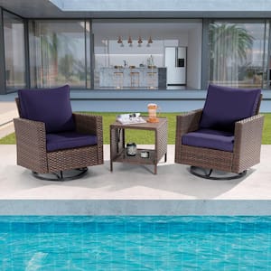 3-Piece Brown Wicker Outdoor Swivel Rocking Chairs Patio Bistro Set with Side Table Navy Blue Cushion