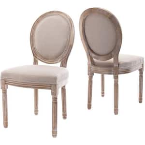 French Style Beige Fabric Upholstered Dining Chair with Rubber Legs, Vintage Distressed Side Chairs (Set of 2)