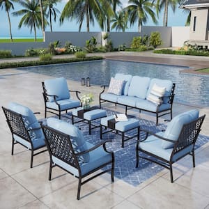 Black Meshed 9-Seat 7-Piece Metal Outdoor Patio Conversation Set with Blue Cushions and 2 Ottomans