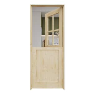 32 in. x 80 in. Solid Pine Universal 4 Lite Clear Glass Unfinished Dutch Door Design Wood Prehung Front Door with Jamb