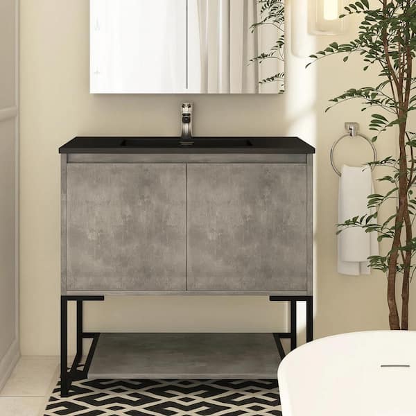 Boosicavelly 36 in. W X 19 in. D X 34 in. H Single Sink Freestanding Bath Vanity in Light Gray With Black Resin Top
