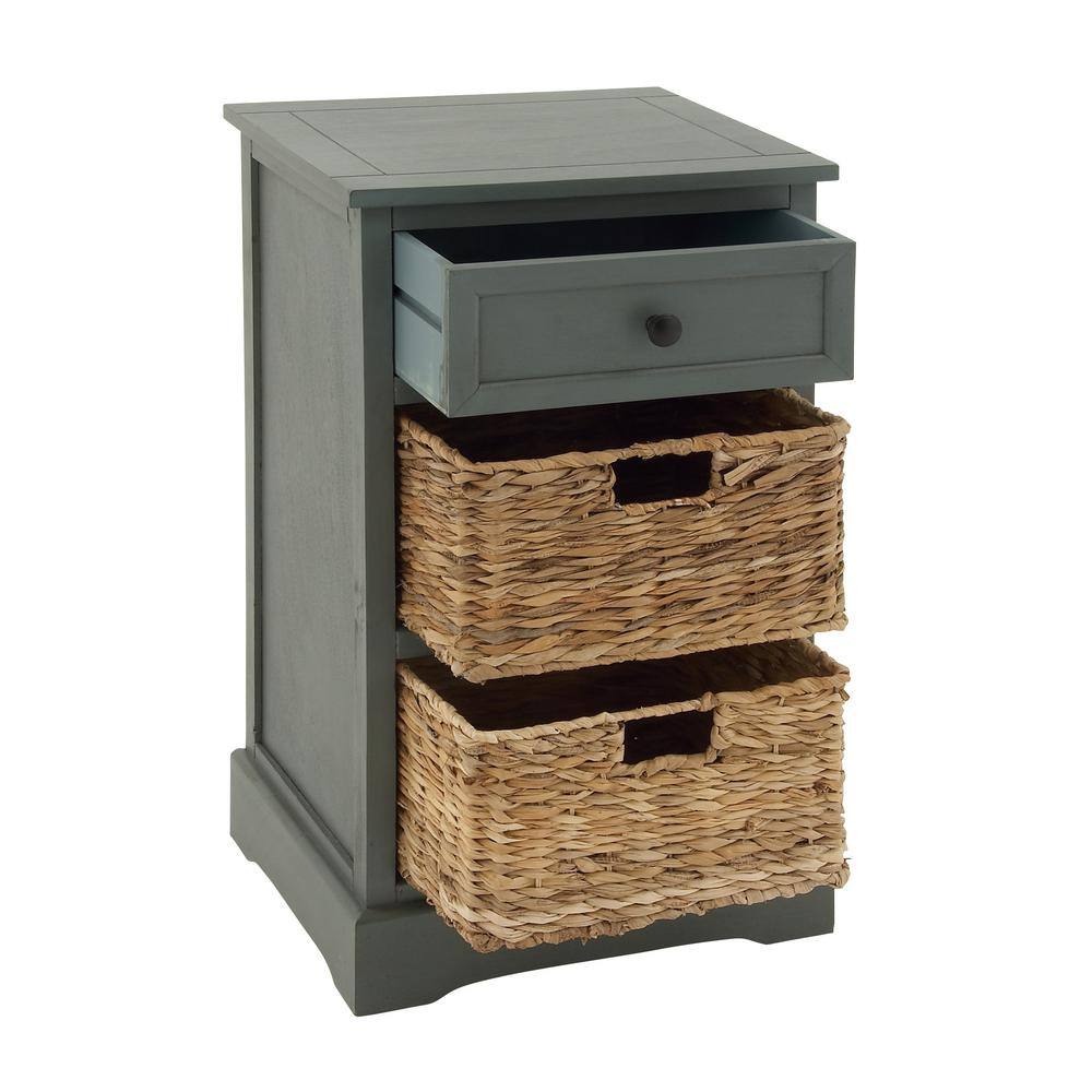Teal Solid Wood Rectangular Side Table with Seagrass Baskets and Drawer