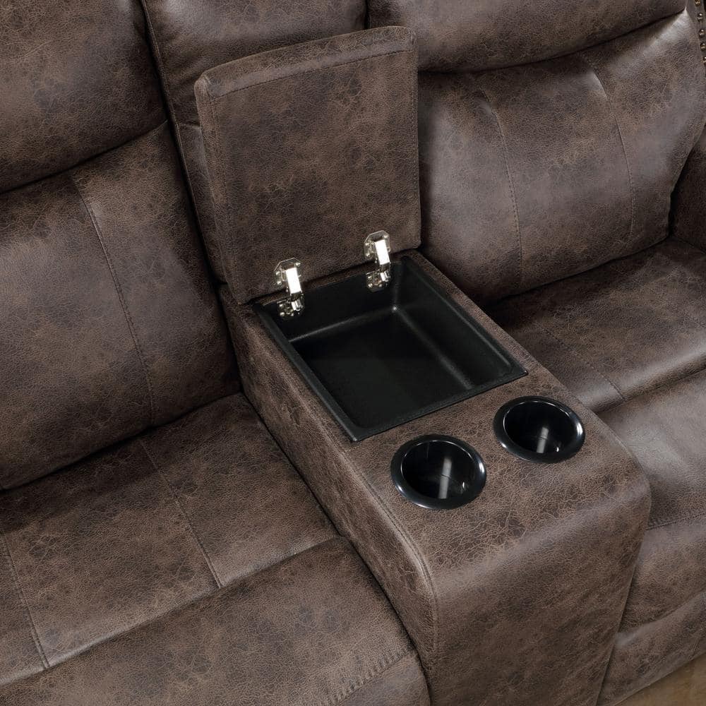Mocha Brown Fabric Reclining Loveseat with Cup Holders