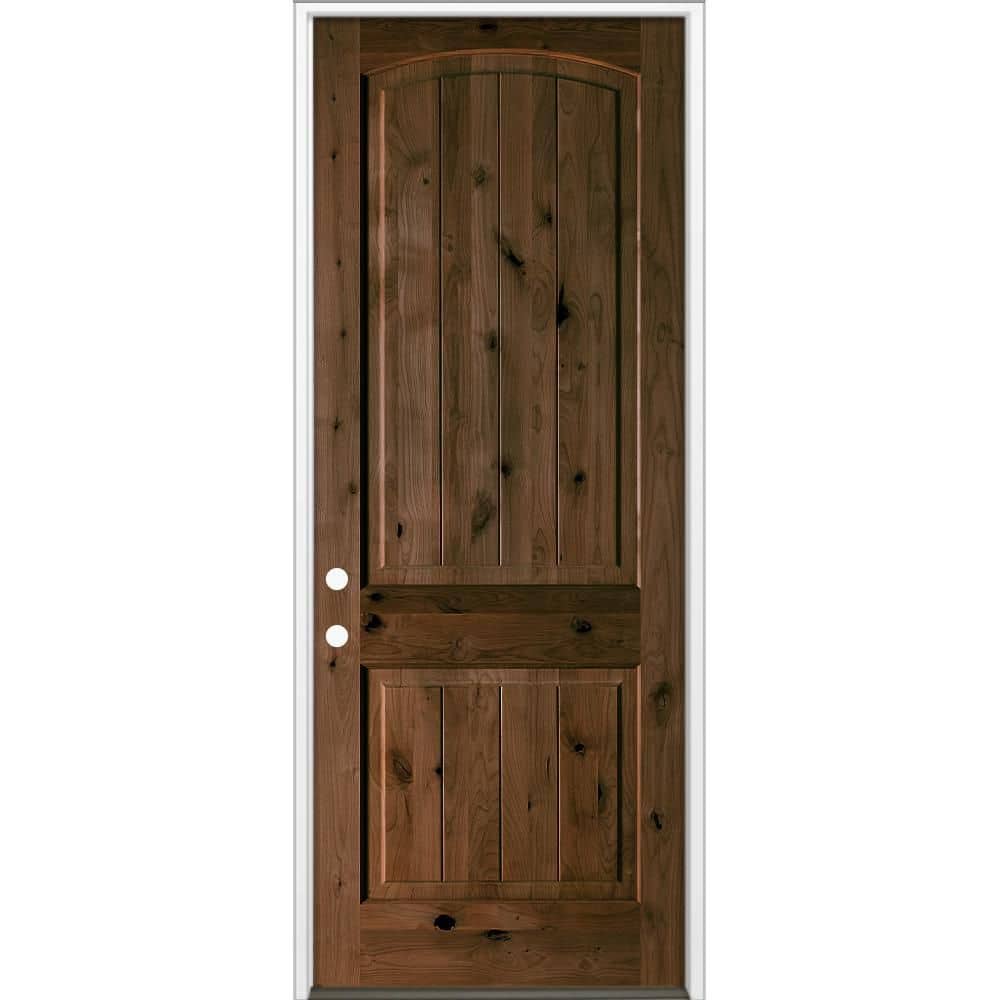 32 in. x 96 in. Rustic Knotty Alder Top Arch V-Groove Right-Hand/Inswing BEHR Espresso Stain Wood Prehung Front Door price history on PriceWatchPro