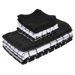 Black 3-Pack Terry Check Kitchen Towel Set and 6-Pack Terry Check Dish Cloth Set