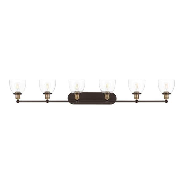 Home Decorators Collection Evelyn 58.5 in. 6-Light Artisan Bronze Industrial Vanity with Clear Glass Shades