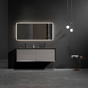 59.1 in. W x 20.7 in. D x 17.9 in. H Double Sink Luxury Flat Bath Vanity in Gray with Black Quartz Sand Top,LED Drawer