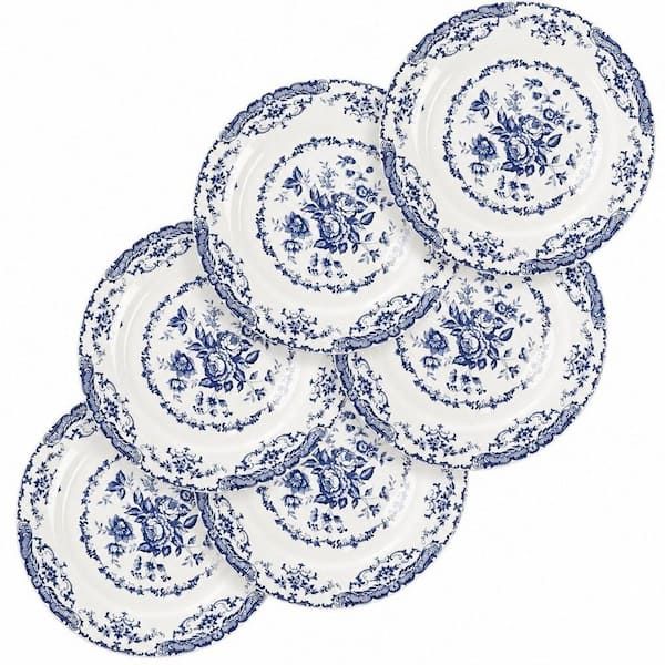8.5 in. Blue Salad Plates, White Porcelain Dessert Plate Porcelain Serving Dishes, Microwave Safe (Set of 6)
