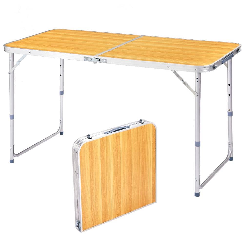 4FT Adjustable Height Folding Camping Table, Portable Aluminum Wood Grain Utility Picnic Table for Indoor Outdoor