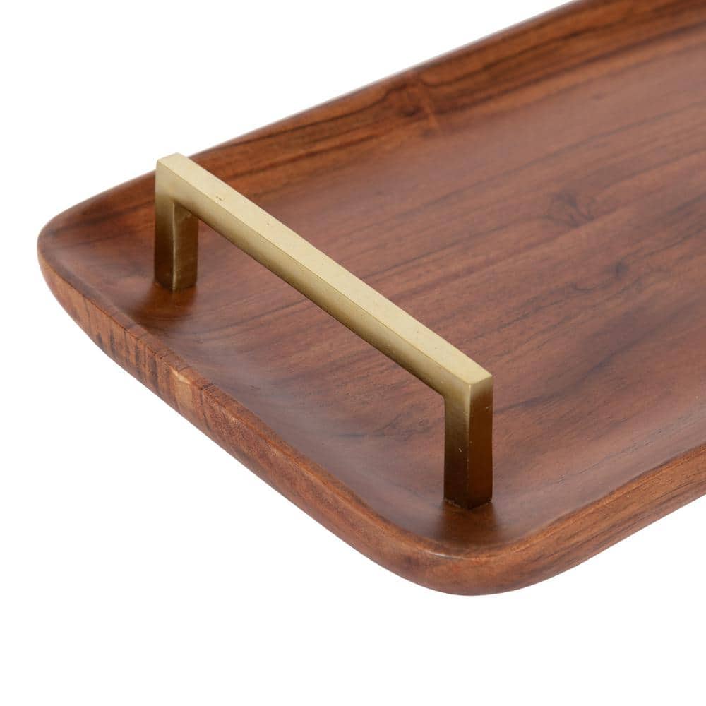 Walnut Brown Acacia Wood Rectangular Serving Tray with Gold Handles