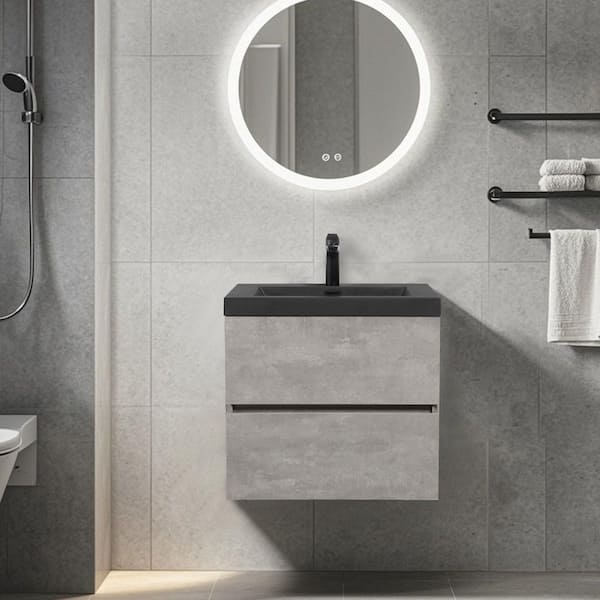 24 in. Wall-Mounted Floating Bath Vanity with Single Black Quartz Sink Top in Grey