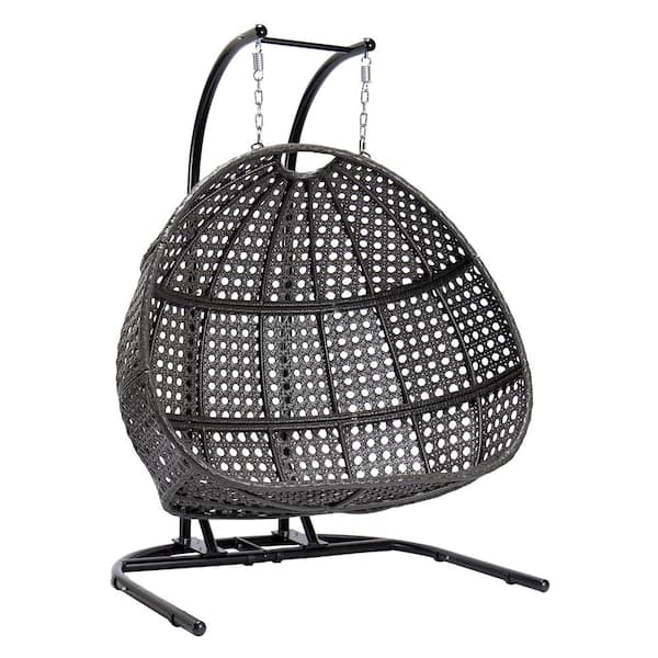 Afoxsos Black Wicker Hanging Double-Seat Swing Chair with