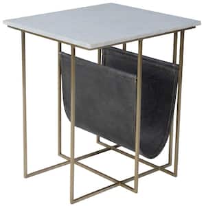 Stephanik 20.25 W Off White Rectangular Marble, Leather & Metal Magazine End/Side Table