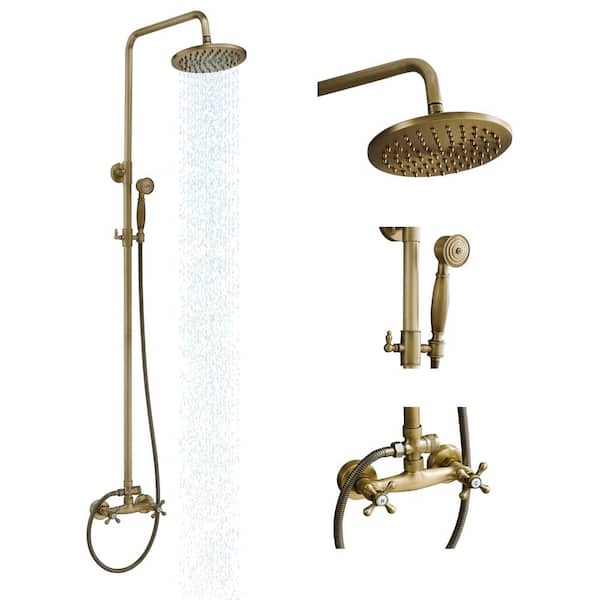 2-Spray Outdoor Wall Bar Shower Kit 8 in. Round Rain Shower Head with Hand Shower and 2 Cross Knobs in Antique