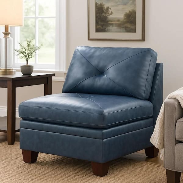 Samy 36 in. Armless Leather Square Sofa in. Blue and Brown