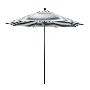9 ft. Bronze Aluminum Commercial Market Patio Umbrella with Fiberglass Ribs Push Lift in Navy White Cabana Stripe Olefin