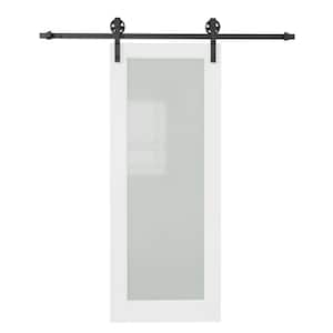 36 in. x 80 in. 1 Lite Tempered Frosted Glass White Primed Sliding Barn Door with Hardware Kit