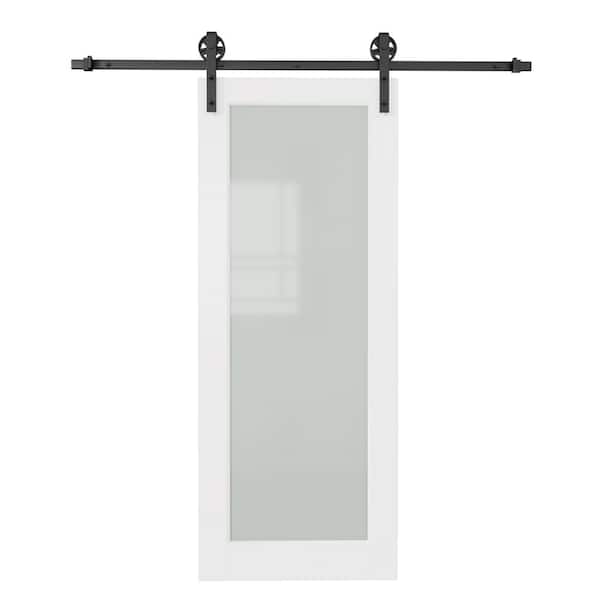 ARK DESIGN 36 in. x 80 in. 1 Lite Tempered Frosted Glass White Primed Sliding Barn Door with Hardware Kit