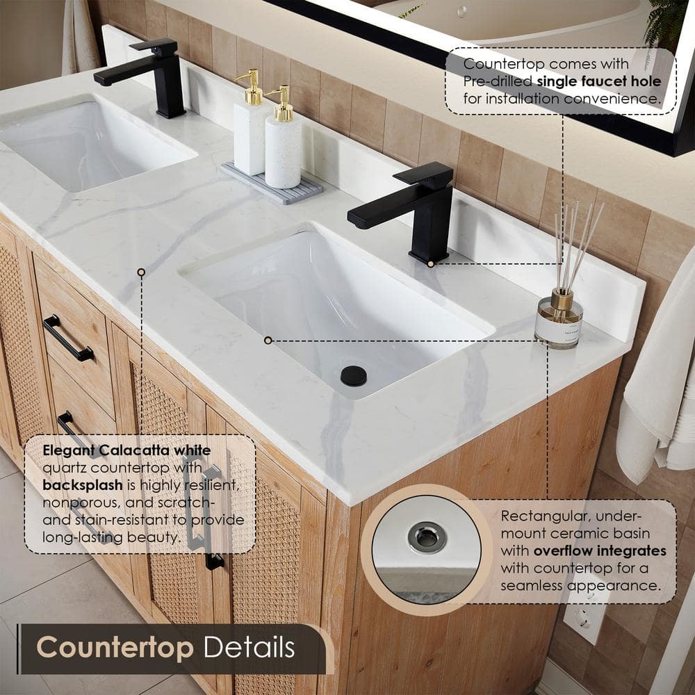 Floral 60" Light Brown Fir Wood Double Vanity with Calacatta Quartz Top