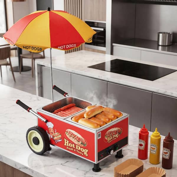 Hot Dog Steamer Cart, 1200-Watt Electric Stainless Steel Hot Dog Steam Machine, 86-203°F Temp Adjustable, Portable Cart
