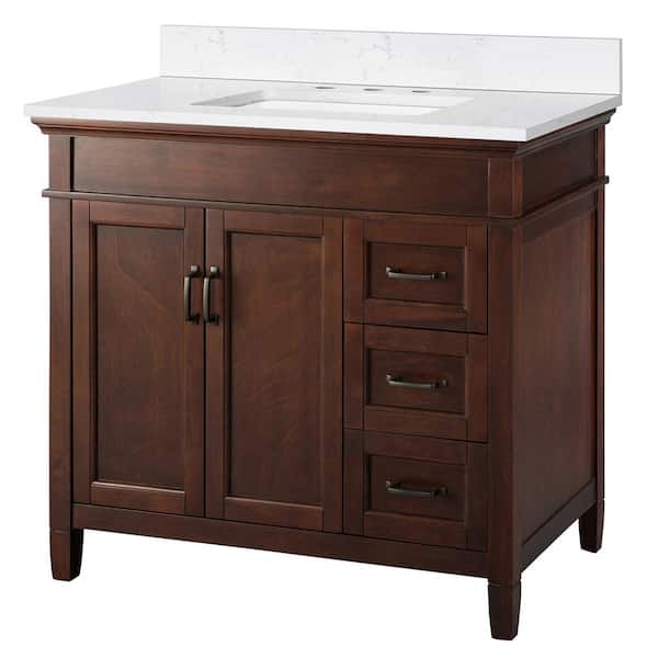Home Decorators Collection Ashburn 37 in. W x 22 in. D Bath Vanity in Mahogany with Cala White Engineered Stone Top DR