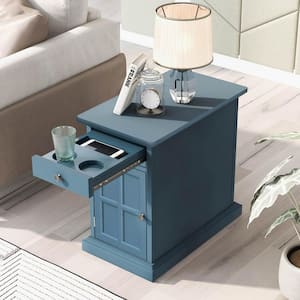24.3 in. Antique Navy Solid Wood End Table Side Table with USB Ports and Drawer with Cup Holders, No Assembly Needed