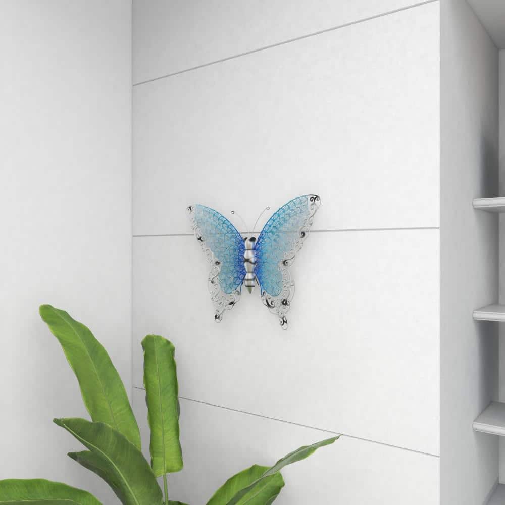 Silver and Blue Metal Butterfly Wall Sculpture