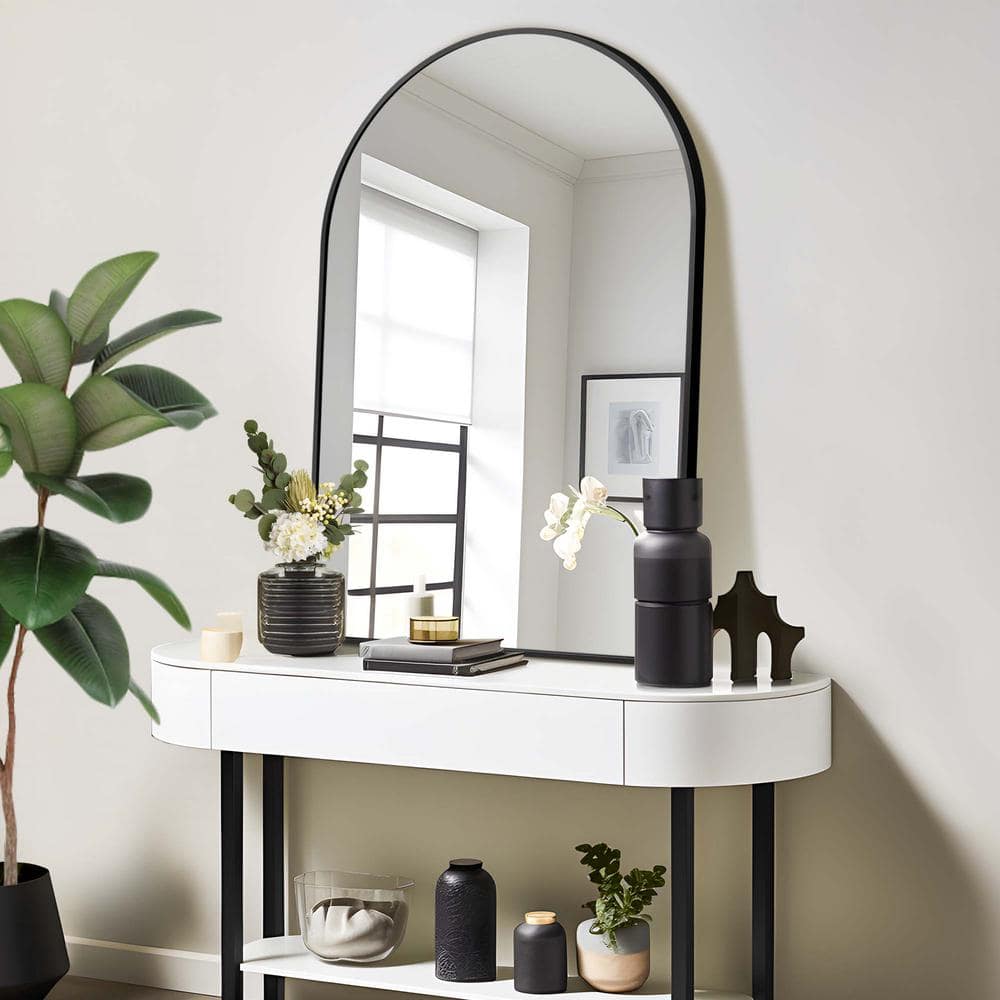 Black Metal Arched Wall Mirror with Sleek Frame