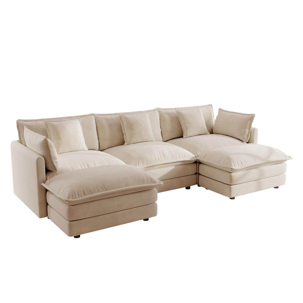 120 in. Reversible Footrest 5-piece Chenille U-Shaped Sectional Sofa with Ottomans in Light Coffee