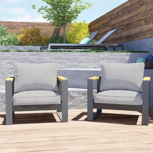 26 in. x 30 in. x 25 in. 2 Piece Aluminum Outdoor Deep Seating Single Sofa Chair Sectional Set with Light Gray Cushion