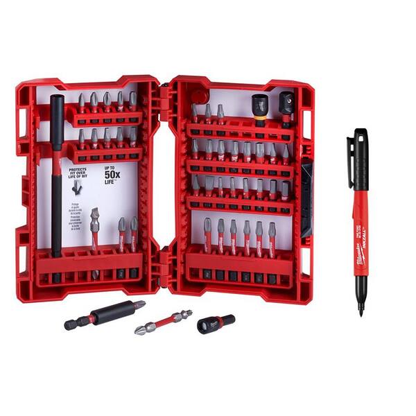 Milwaukee Shockwave Impact Duty Alloy Steel Screw Driver Bit Set (45-Piece) and (1) INKZALL Black Jobsite Permanent Marker