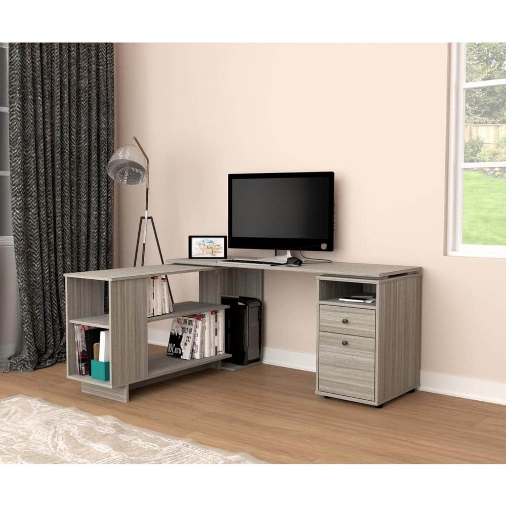 Smoke Oak L-Shaped Computer Desk with Filing Cabinet