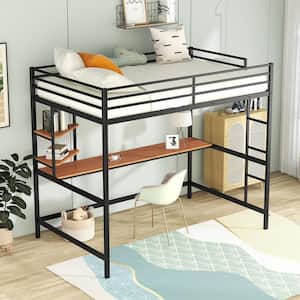 Black Full Size Metal Loft Bed with Built-in Wood Desk, 2-Shelves