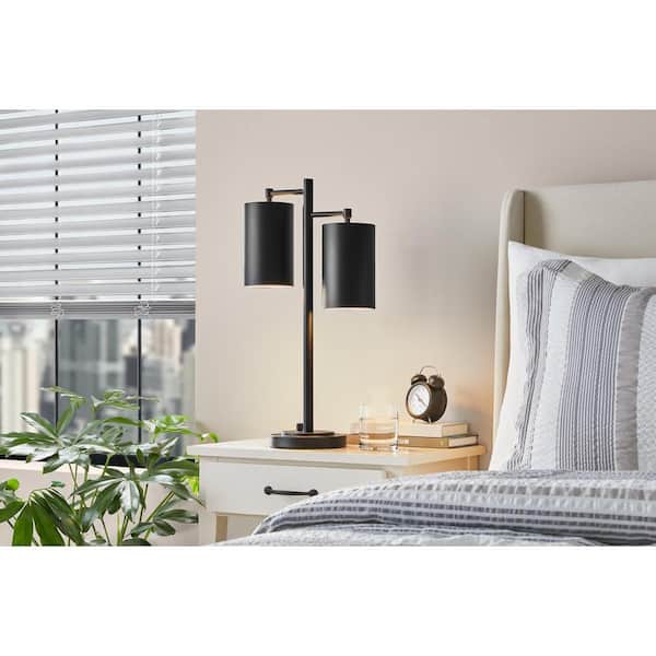 Hampton Bay Brimfield 22 in. Steel 2 Light Matte black Indoor Table Lamp with black Metal Shade