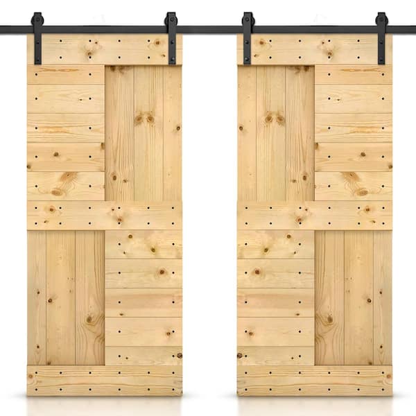 CALHOME 84 in. x 84 in. Unfinished DIY Knotty Pine Wood Interior Double Sliding Barn Door with Hardware Kit